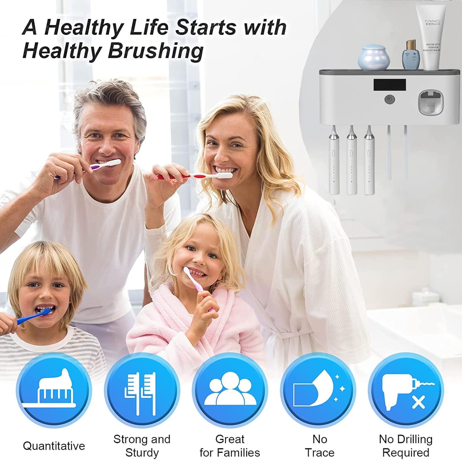Wall Mounted Toothbrush Holder with Toothpaste Dispenser, Electric Toothbrush Holder for Bathroom, Solar Charging and no Drilling Required Smart Clean Toothbrush Organizer with 5 Brush Slots