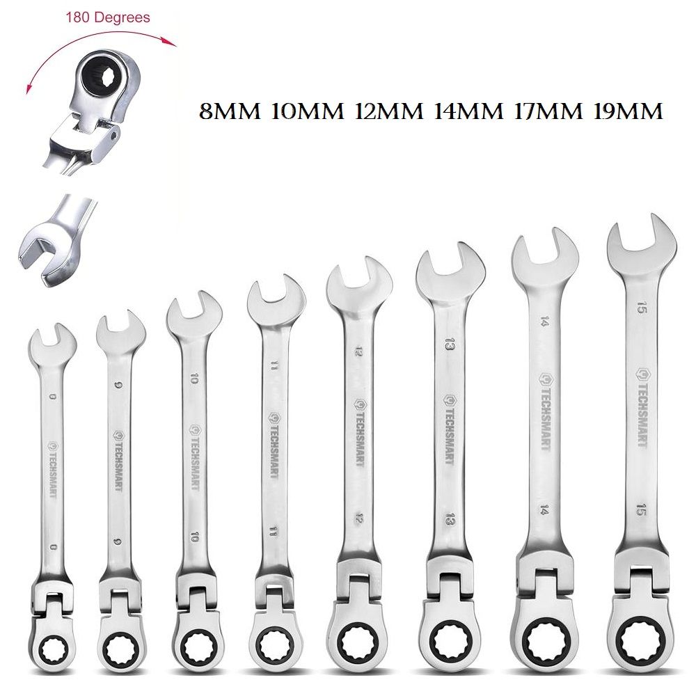 8mm - 19mm Flex-Head Ratcheting Combination Wrench, SAE 72 Teeth, 12 Point Ratchet Spanner Tools, Flexible 180 Degrees Head Gear Wrench Cr-V Constructed 8mm 10mm 12mm 14mm 17mm 19mm