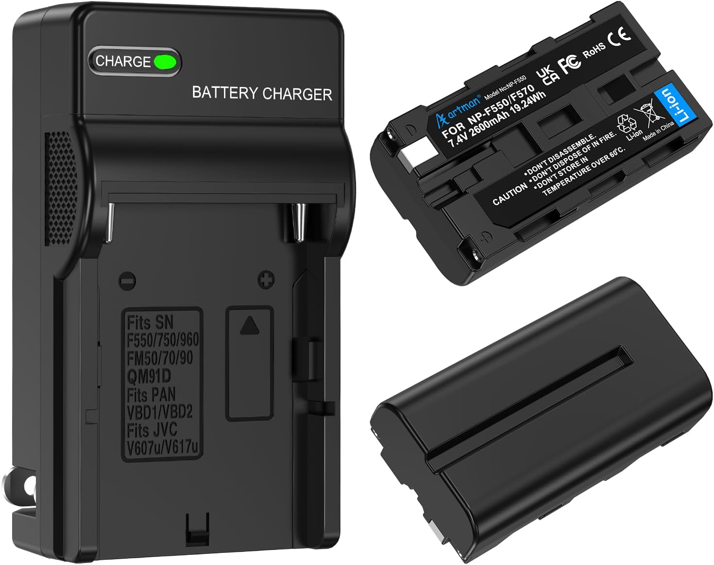 NP-F550 Battery 2-Pack and Wall Charger for Sony NP F550, F530, F970, F960, F770, F750, F330, CCD-SC55, TR516, TR716, TR818, TR910, TR917 Camera, CN-160, CN-216 LED Video Light (2400 mAh)