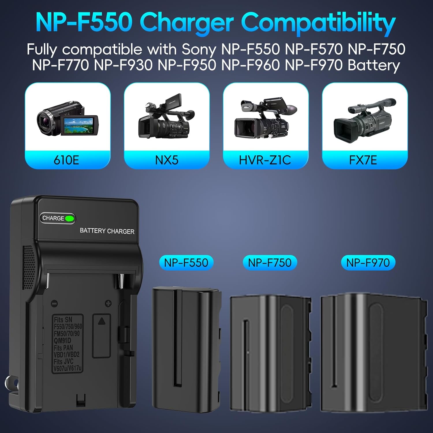 NP-F550 Battery 2-Pack and Wall Charger for Sony NP F550, F530, F970, F960, F770, F750, F330, CCD-SC55, TR516, TR716, TR818, TR910, TR917 Camera, CN-160, CN-216 LED Video Light (2400 mAh)