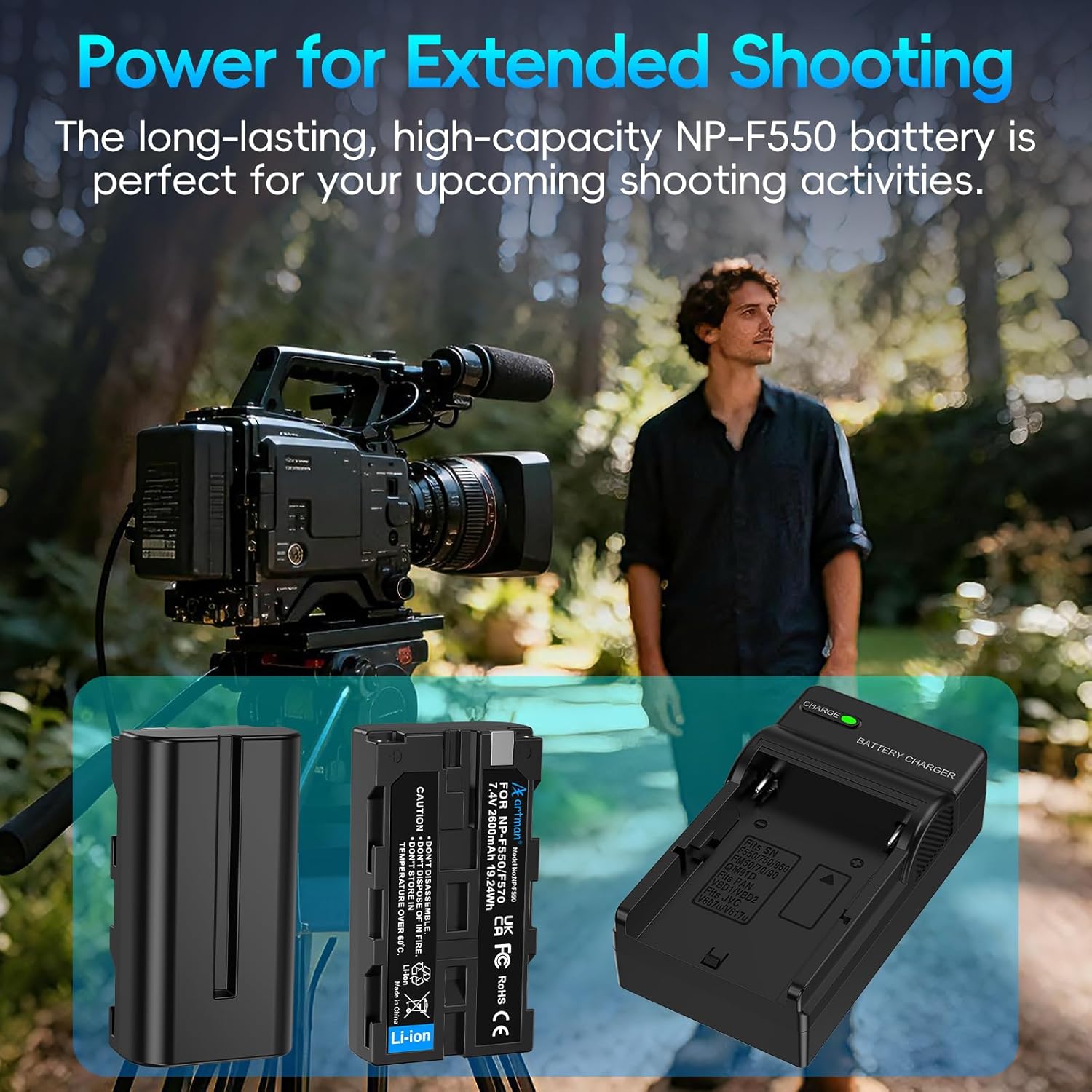 NP-F550 Battery 2-Pack and Wall Charger for Sony NP F550, F530, F970, F960, F770, F750, F330, CCD-SC55, TR516, TR716, TR818, TR910, TR917 Camera, CN-160, CN-216 LED Video Light (2400 mAh)