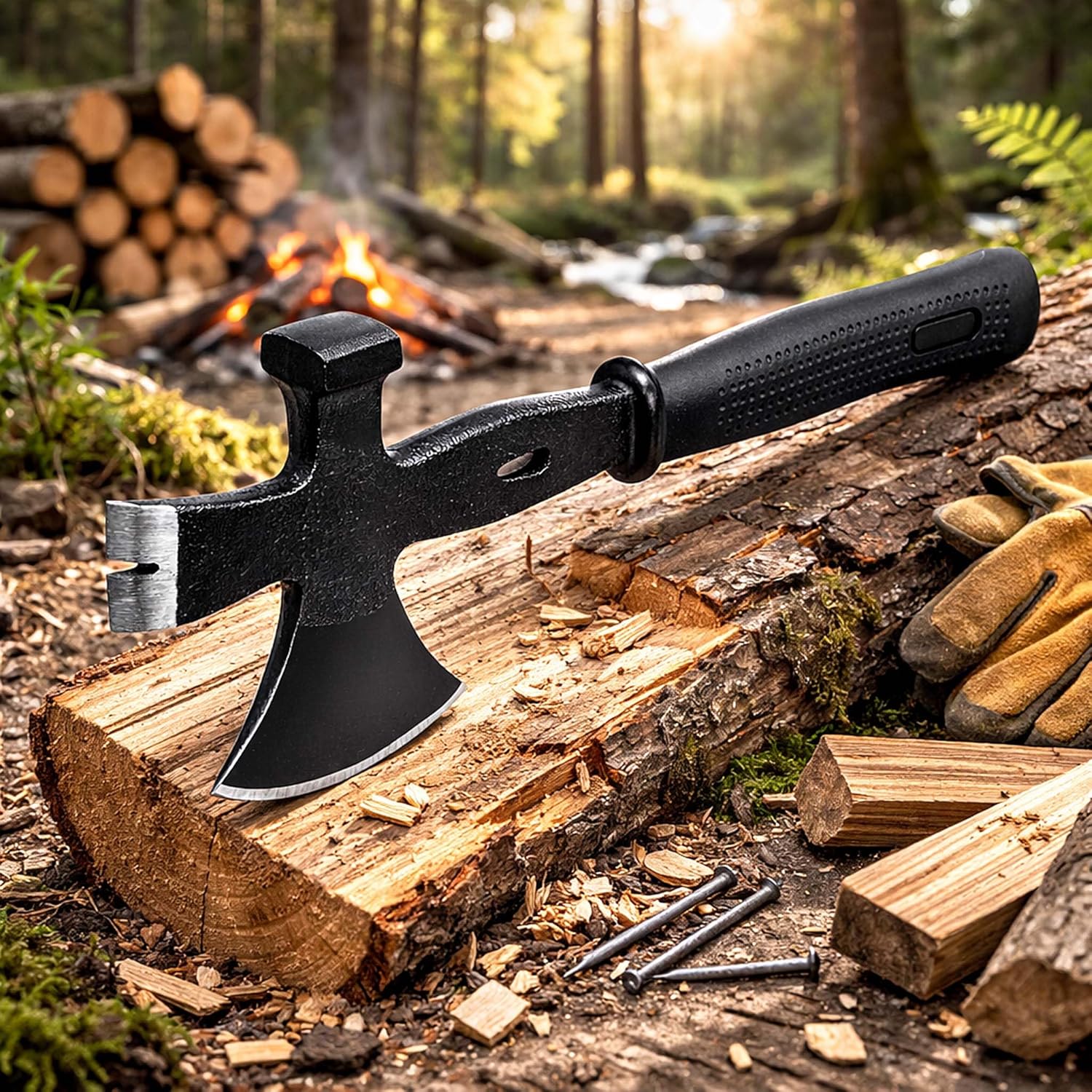 3-in-1 Multi-Purpose Axe 350 mm with Splitting Axe Hammer Nail Iron Crowbar for Outdoor and Construction Site Survival Tool Axe