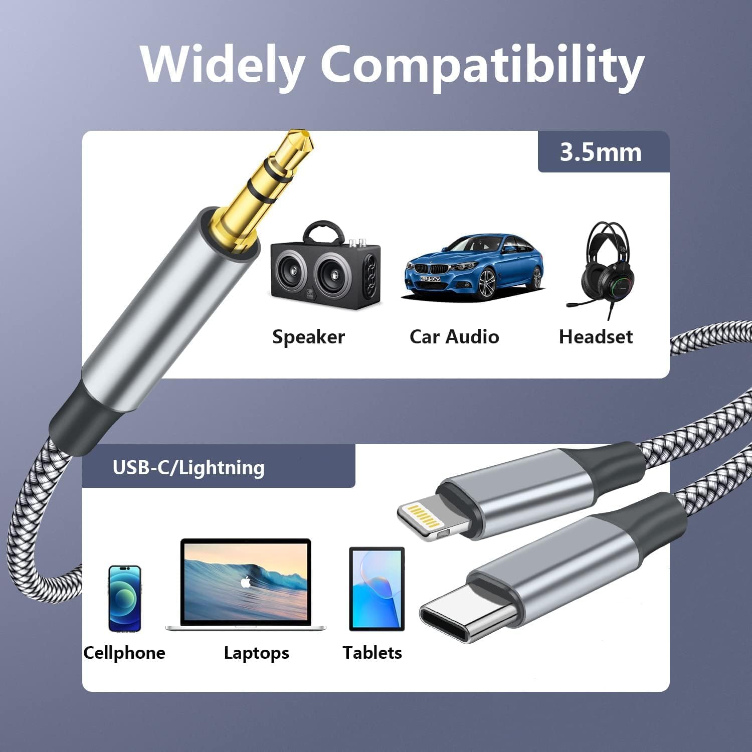 2-in-1 Aux Audio Cable [Apple MFi Certified], USB C to 3.5mm Aux Lightning to 3.5mm Audio Cable Compatible with iPhone 16/15/14/13/12/11/XR, Galaxy S24/S23/S22/S21, Pixel 9/8/7/6/5, iPad to Car Stereo