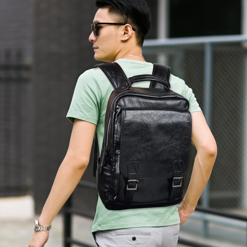 Backpack for Men Fashion Men's Backpack Student Travel Buckle PU Leather Bag Large Laptop Backpacks Male Casual Schoolbag for Teenagers Boys Business School Bags Men Women Waterproof Bag