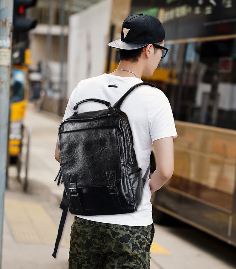 Backpack for Men Fashion Men's Backpack Student Travel Buckle PU Leather Bag Large Laptop Backpacks Male Casual Schoolbag for Teenagers Boys Business School Bags Men Women Waterproof Bag