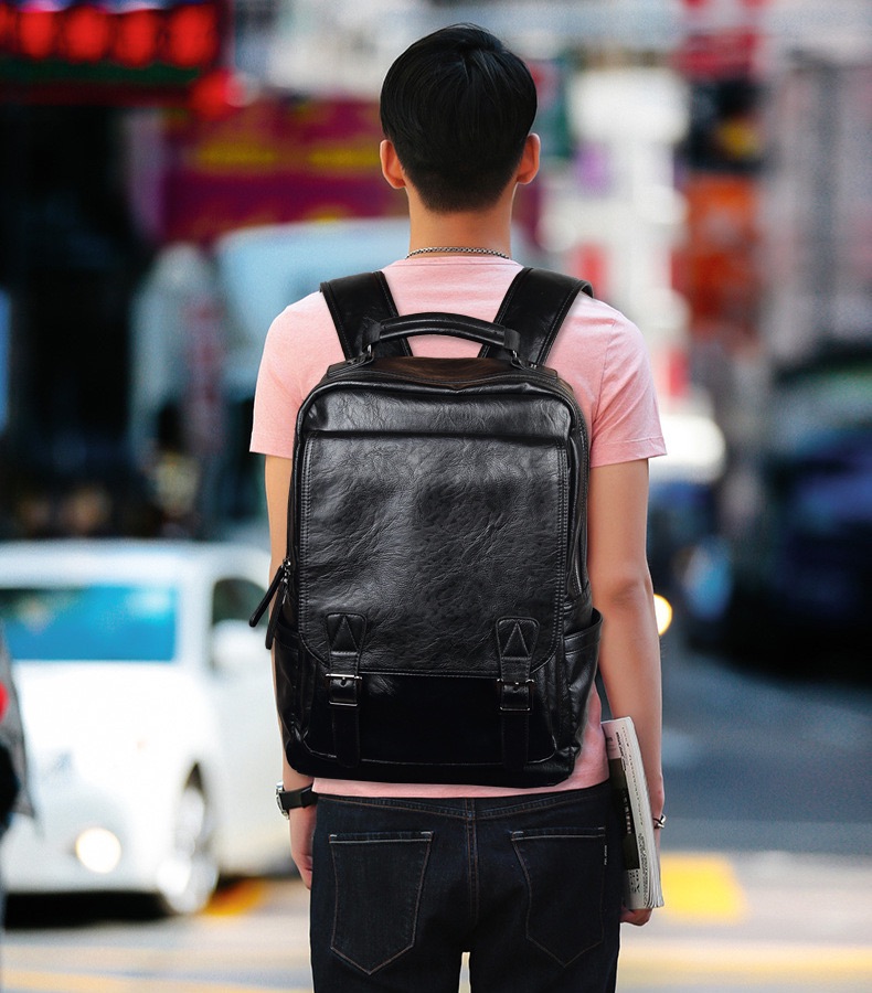 Backpack for Men Fashion Men's Backpack Student Travel Buckle PU Leather Bag Large Laptop Backpacks Male Casual Schoolbag for Teenagers Boys Business School Bags Men Women Waterproof Bag