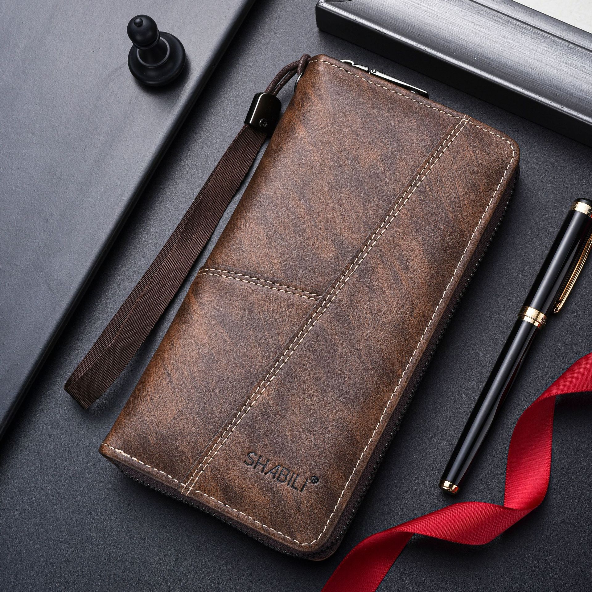 Wallet Man Leather Long Wallet Money Wallet Card Holder Multi Slot Male Business Billfold Purse Zipper Large Capacity Money Clip Bag Small ID Card Holder Fashion Coin Pouch Mens Luxury Phone Bag Brown