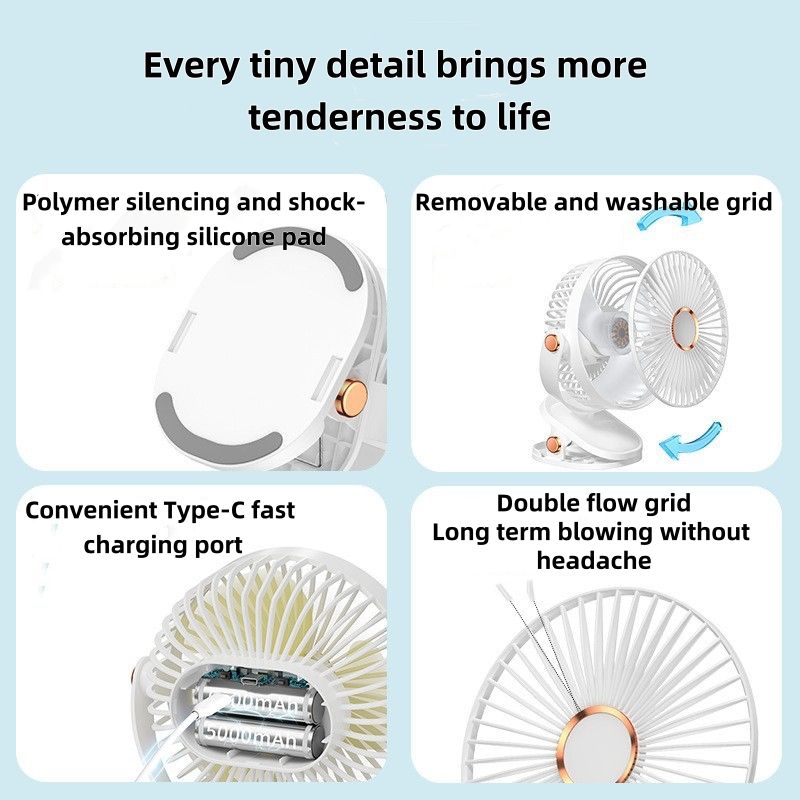 Fan Portable Fan Electric Fan Light Multi Functional Clip Fan with Night Light Desk Fan USB Rechargeable Small Fan Student Dormitory Quiet Five Speeds Mini Fan for Home Office Car Outdoor Travel