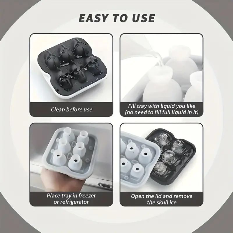 Ice Cube Maker Tray Black Silicone Ice Tray Bar Ice Hockey Mold Halloween Skull Ice Making Box with Lid Food Grade Silicone 4 Ice Grids
