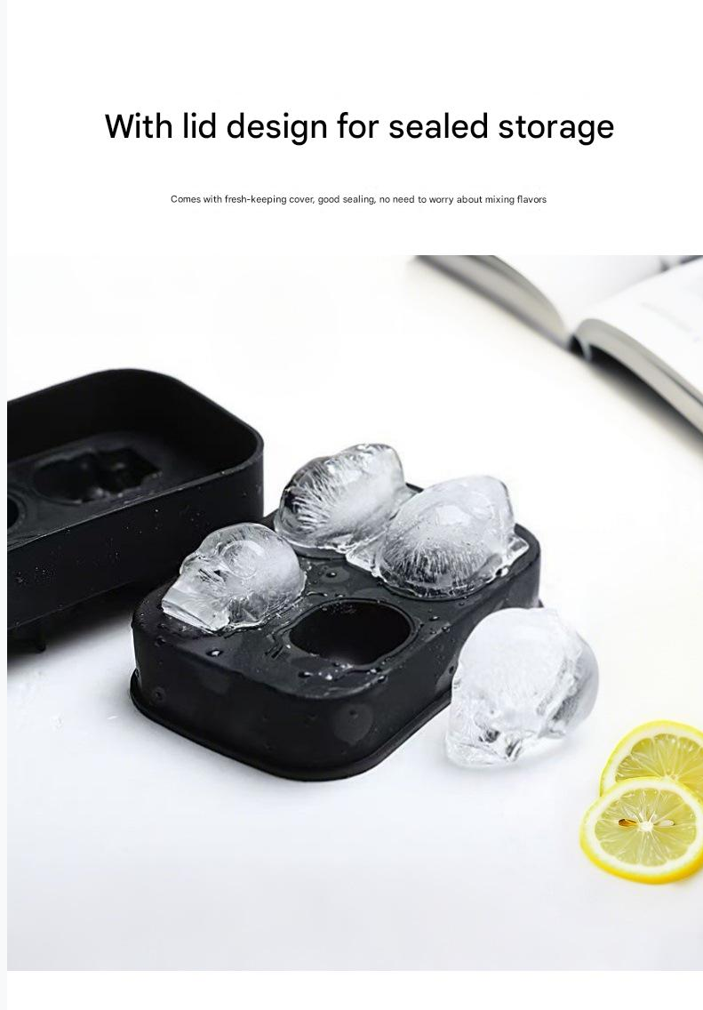Ice Cube Maker Tray Black Silicone Ice Tray Bar Ice Hockey Mold Halloween Skull Ice Making Box with Lid Food Grade Silicone 4 Ice Grids