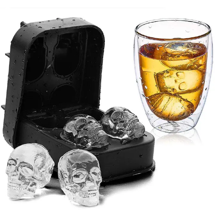 Ice Cube Maker Tray Black Silicone Ice Tray Bar Ice Hockey Mold Halloween Skull Ice Making Box with Lid Food Grade Silicone 4 Ice Grids