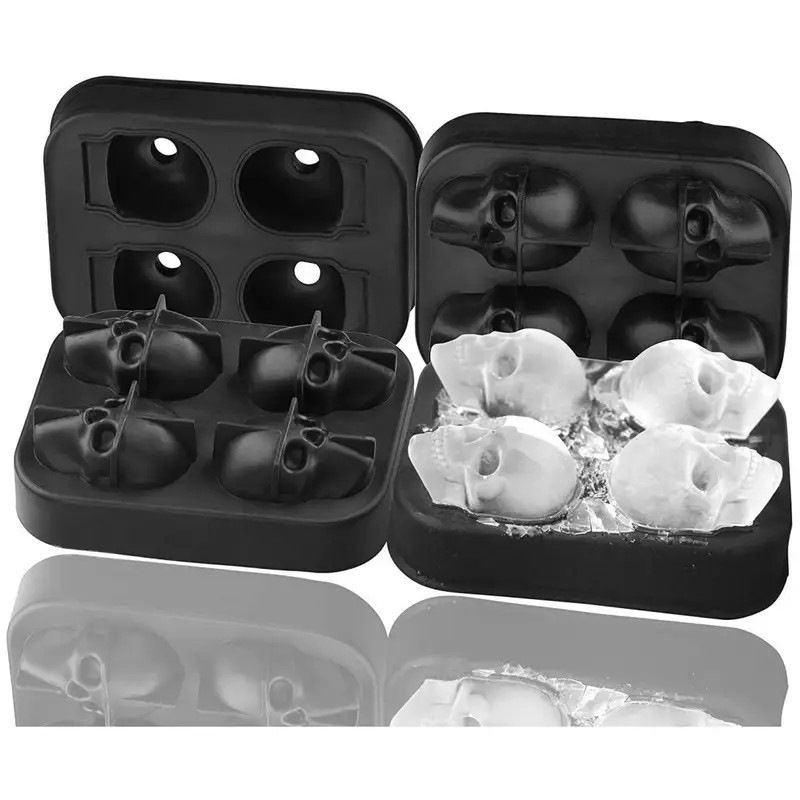 Ice Cube Maker Tray Black Silicone Ice Tray Bar Ice Hockey Mold Halloween Skull Ice Making Box with Lid Food Grade Silicone 4 Ice Grids