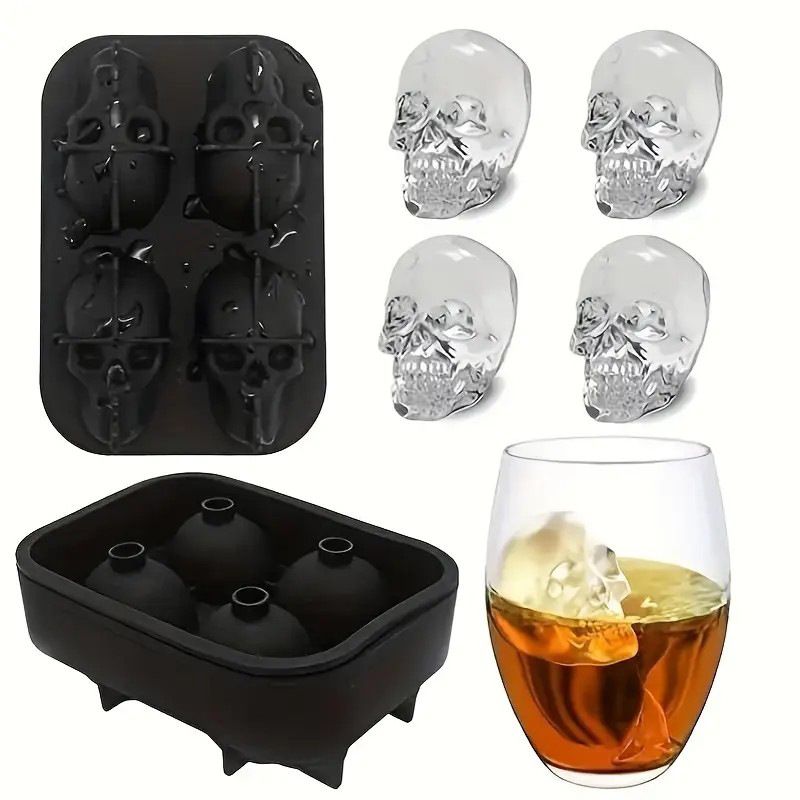 Ice Cube Maker Tray Black Silicone Ice Tray Bar Ice Hockey Mold Halloween Skull Ice Making Box with Lid Food Grade Silicone 4 Ice Grids