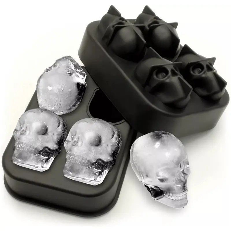 Ice Cube Maker Tray Black Silicone Ice Tray Bar Ice Hockey Mold Halloween Skull Ice Making Box with Lid Food Grade Silicone 4 Ice Grids