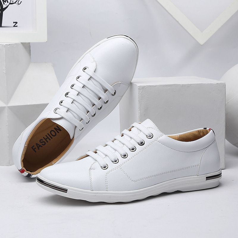 Large Size Men's Shoes Fashionable Lace up Leather Shoes White Casual Shoes Student Board Shoes