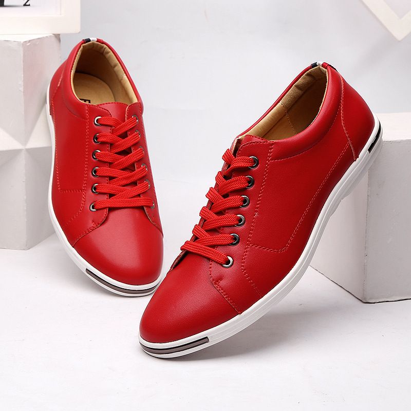 Large Size Men's Shoes Fashionable Lace up Leather Shoes White Casual Shoes Student Board Shoes