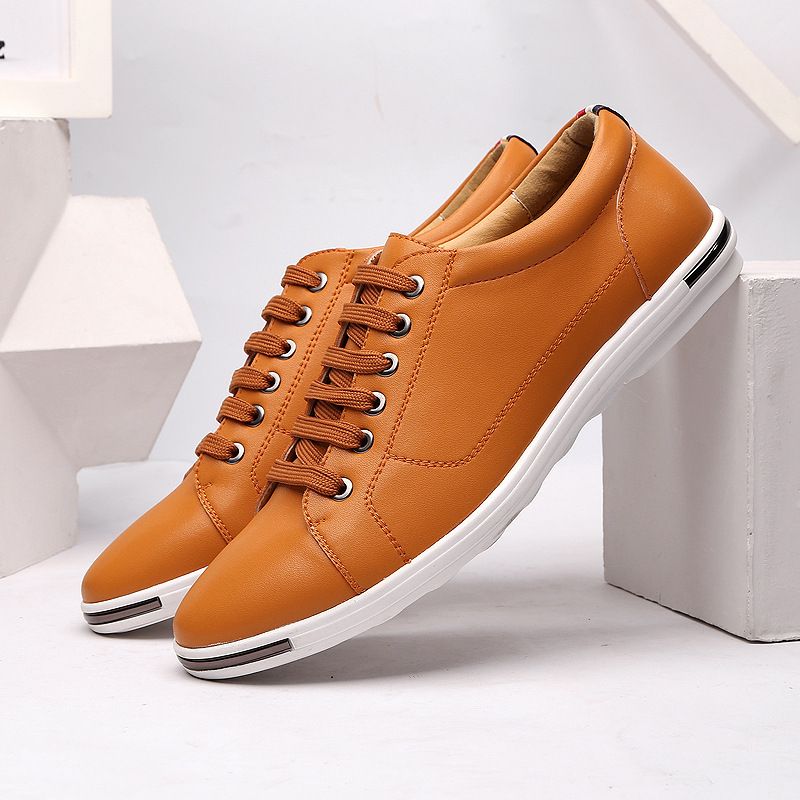 Large Size Men's Shoes Fashionable Lace up Leather Shoes White Casual Shoes Student Board Shoes