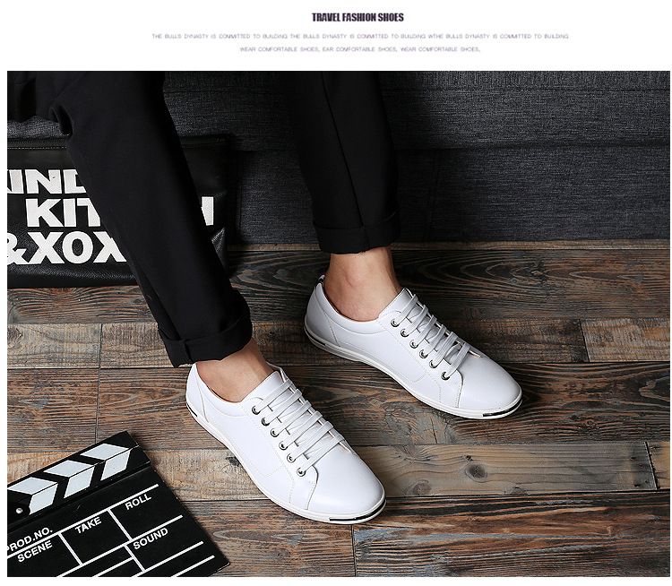 Large Size Men's Shoes Fashionable Lace up Leather Shoes White Casual Shoes Student Board Shoes