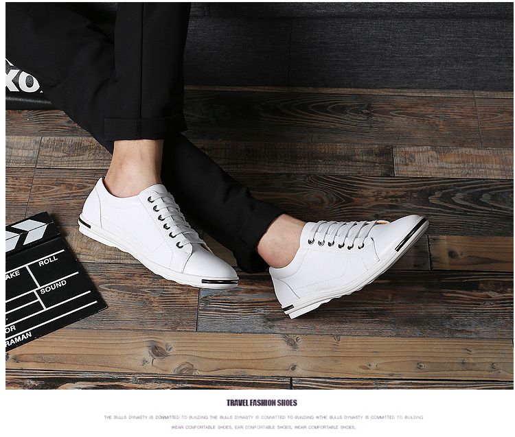 Large Size Men's Shoes Fashionable Lace up Leather Shoes White Casual Shoes Student Board Shoes