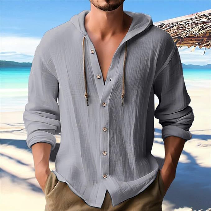 Men's Clothing Tops Sweatshirts Hoodies New Spring Summer Men's Hooded T-Shirt Solid Color Cotton Hemp Men's Casual Long Sleeve Top