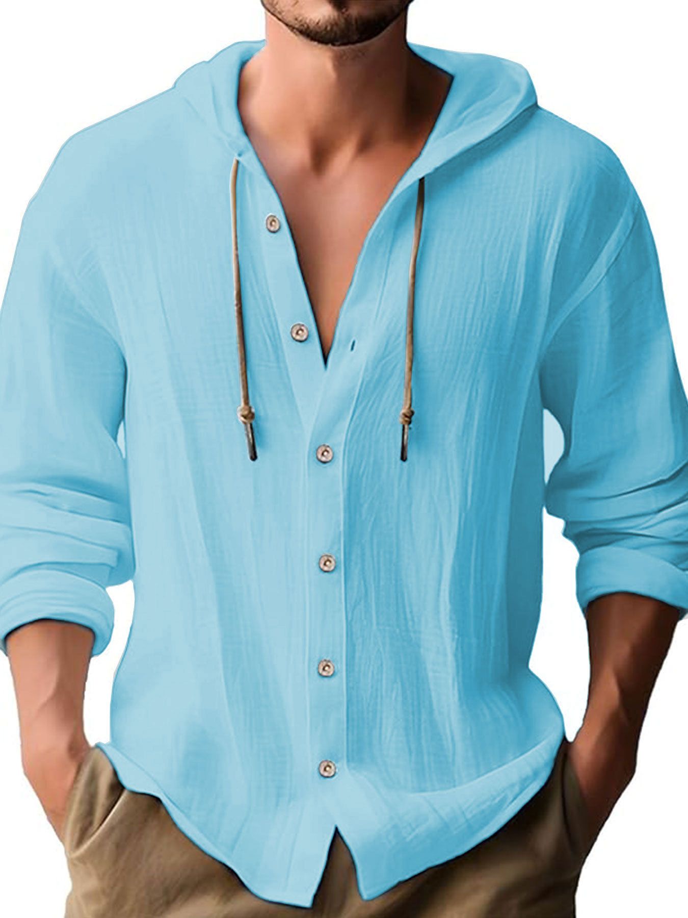 Men's Clothing Tops Sweatshirts Hoodies New Spring Summer Men's Hooded T-Shirt Solid Color Cotton Hemp Men's Casual Long Sleeve Top