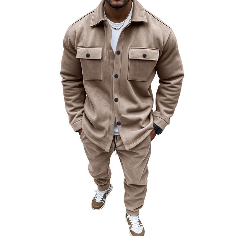 Men's Clothing Sets Two-Piece Outfits European American Autumn Winter Jacket Casual Pants Two-Piece Set Men's Solid Color Men's Suede Suit