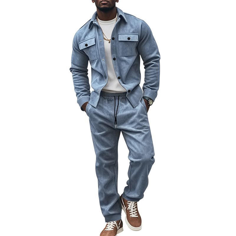 Men's Clothing Sets Two-Piece Outfits European American Autumn Winter Jacket Casual Pants Two-Piece Set Men's Solid Color Men's Suede Suit