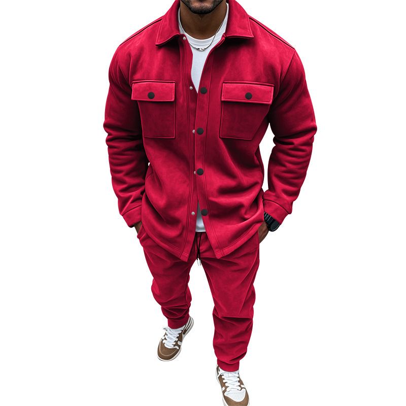 Men's Clothing Sets Two-Piece Outfits European American Autumn Winter Jacket Casual Pants Two-Piece Set Men's Solid Color Men's Suede Suit