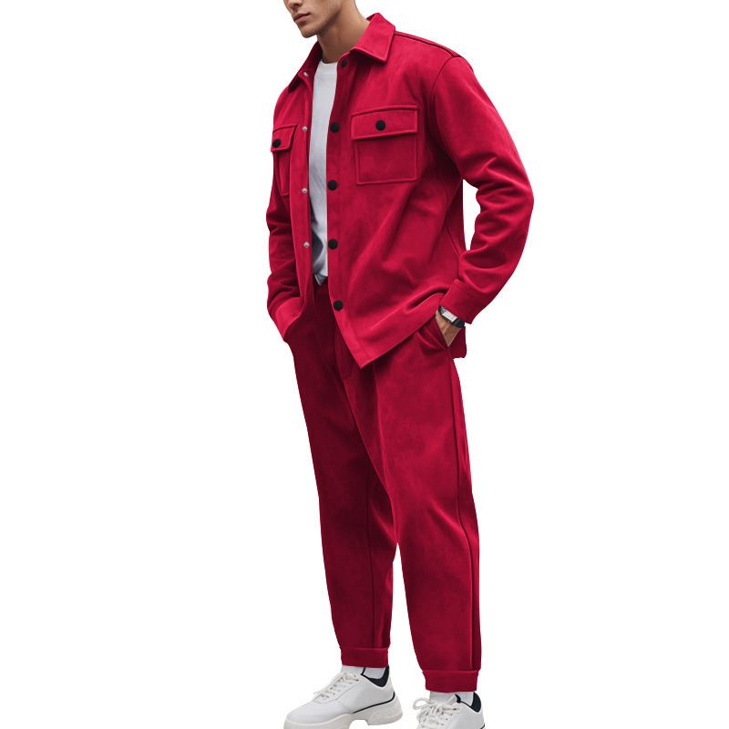 Men's Clothing Sets Two-Piece Outfits European American Autumn Winter Jacket Casual Pants Two-Piece Set Men's Solid Color Men's Suede Suit