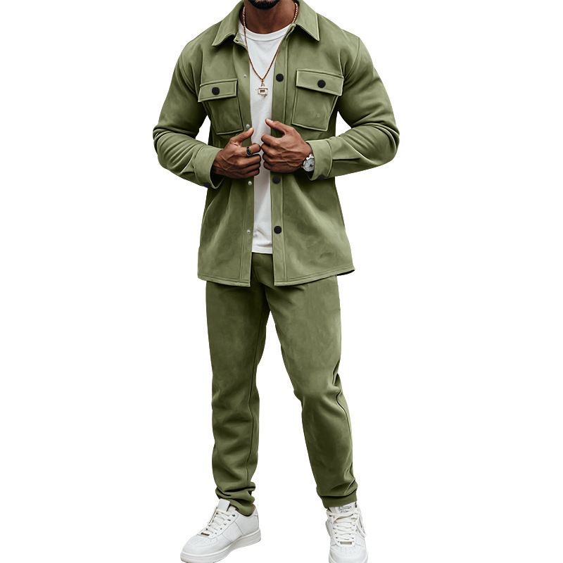 Men's Clothing Sets Two-Piece Outfits European American Autumn Winter Jacket Casual Pants Two-Piece Set Men's Solid Color Men's Suede Suit
