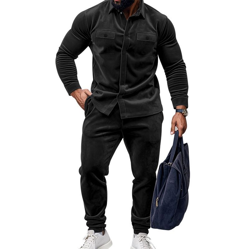 Men's Clothing Sets Two-Piece Outfits European American Autumn Winter Jacket Casual Pants Two-Piece Set Men's Solid Color Men's Suede Suit