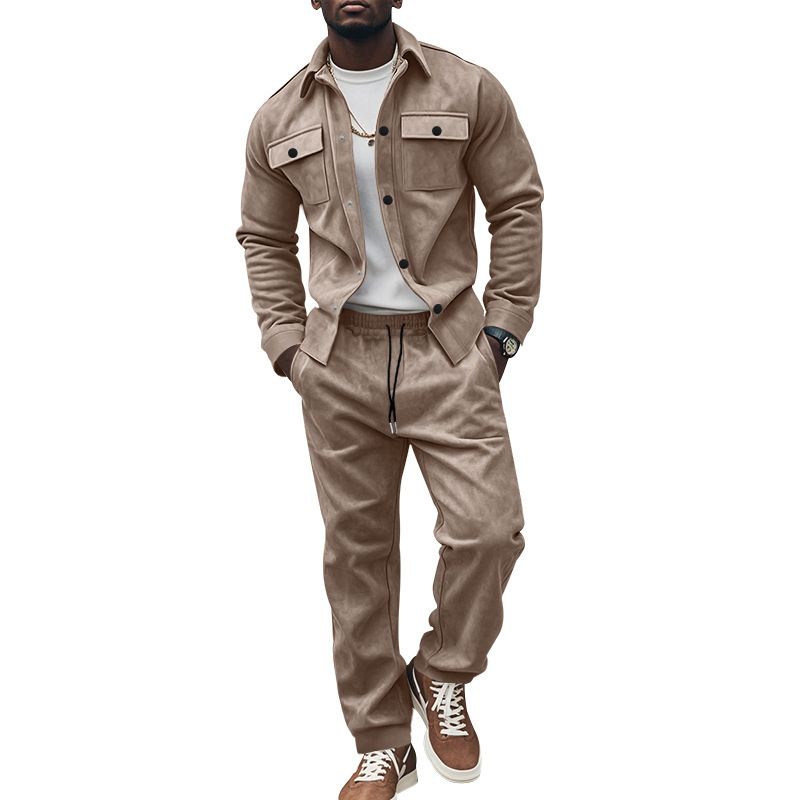 Men's Clothing Sets Two-Piece Outfits European American Autumn Winter Jacket Casual Pants Two-Piece Set Men's Solid Color Men's Suede Suit