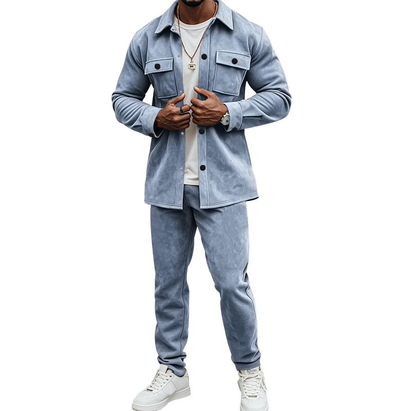 Men's Clothing Sets Two-Piece Outfits European American Autumn Winter Jacket Casual Pants Two-Piece Set Men's Solid Color Men's Suede Suit