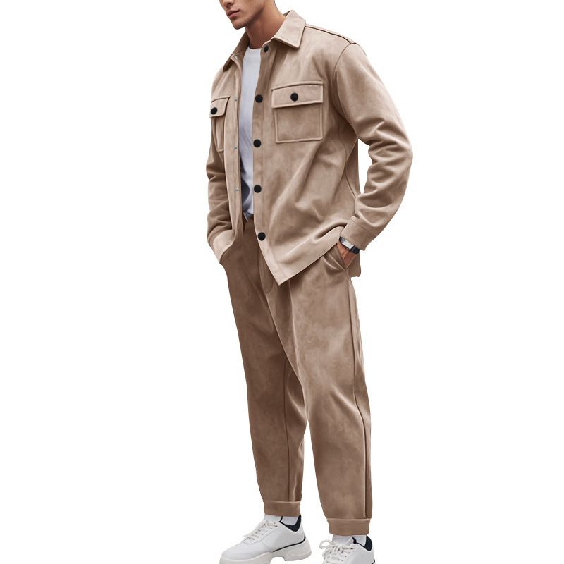Men's Clothing Sets Two-Piece Outfits European American Autumn Winter Jacket Casual Pants Two-Piece Set Men's Solid Color Men's Suede Suit