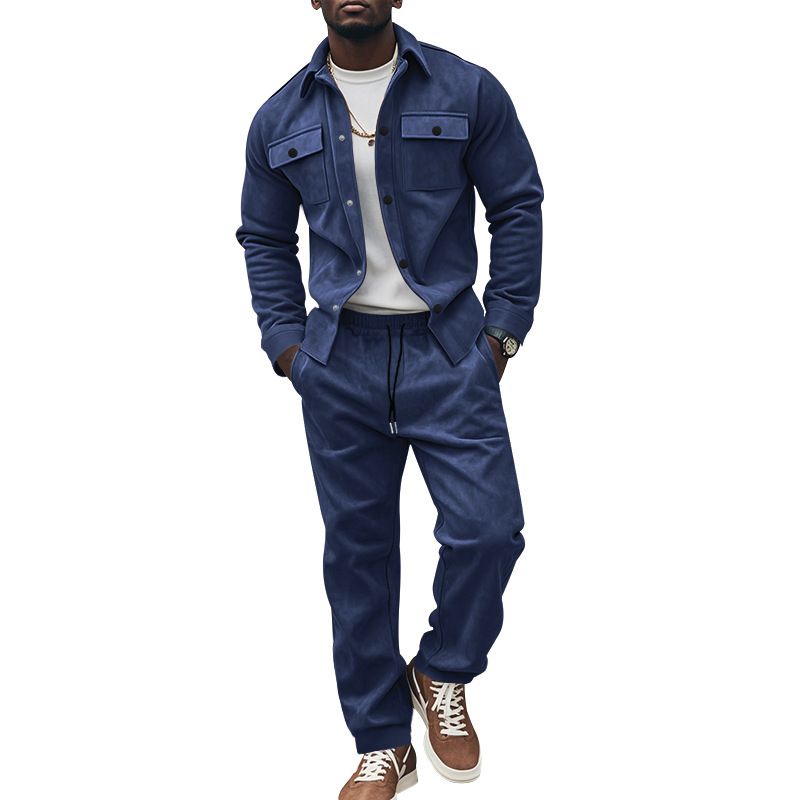 Men's Clothing Sets Two-Piece Outfits European American Autumn Winter Jacket Casual Pants Two-Piece Set Men's Solid Color Men's Suede Suit