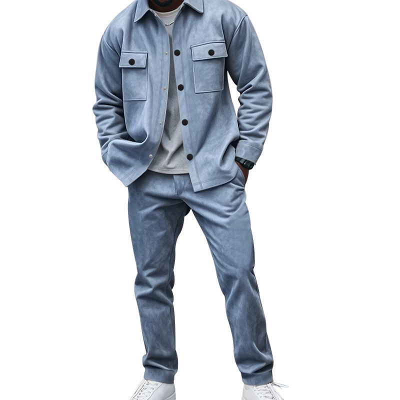 Men's Clothing Sets Two-Piece Outfits European American Autumn Winter Jacket Casual Pants Two-Piece Set Men's Solid Color Men's Suede Suit