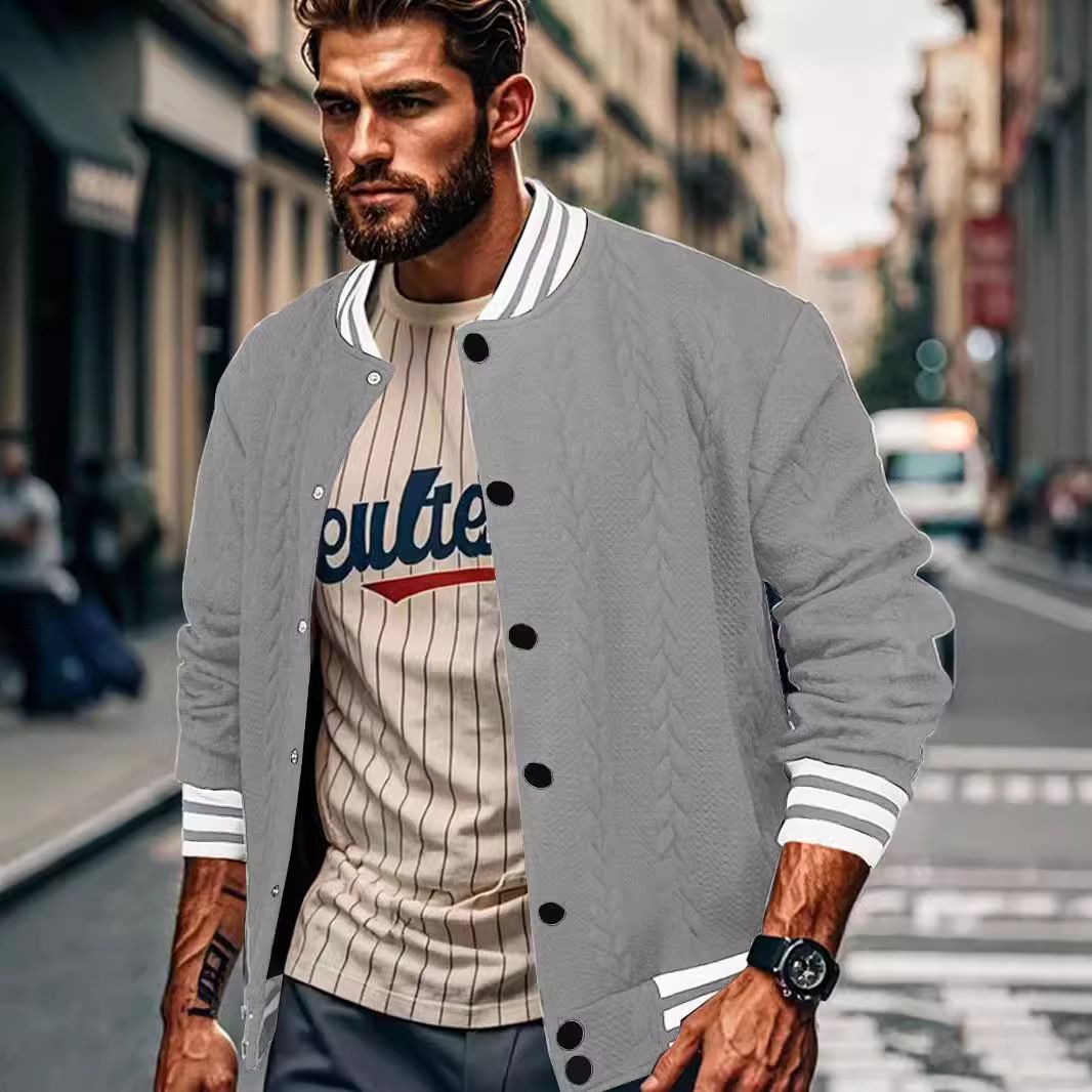 Men's Clothing Tops Jackets Spring Autumn New Jacquard European American Buckle Design Trendy Fashion Solid Color Men's Cardigan Baseball Jacket