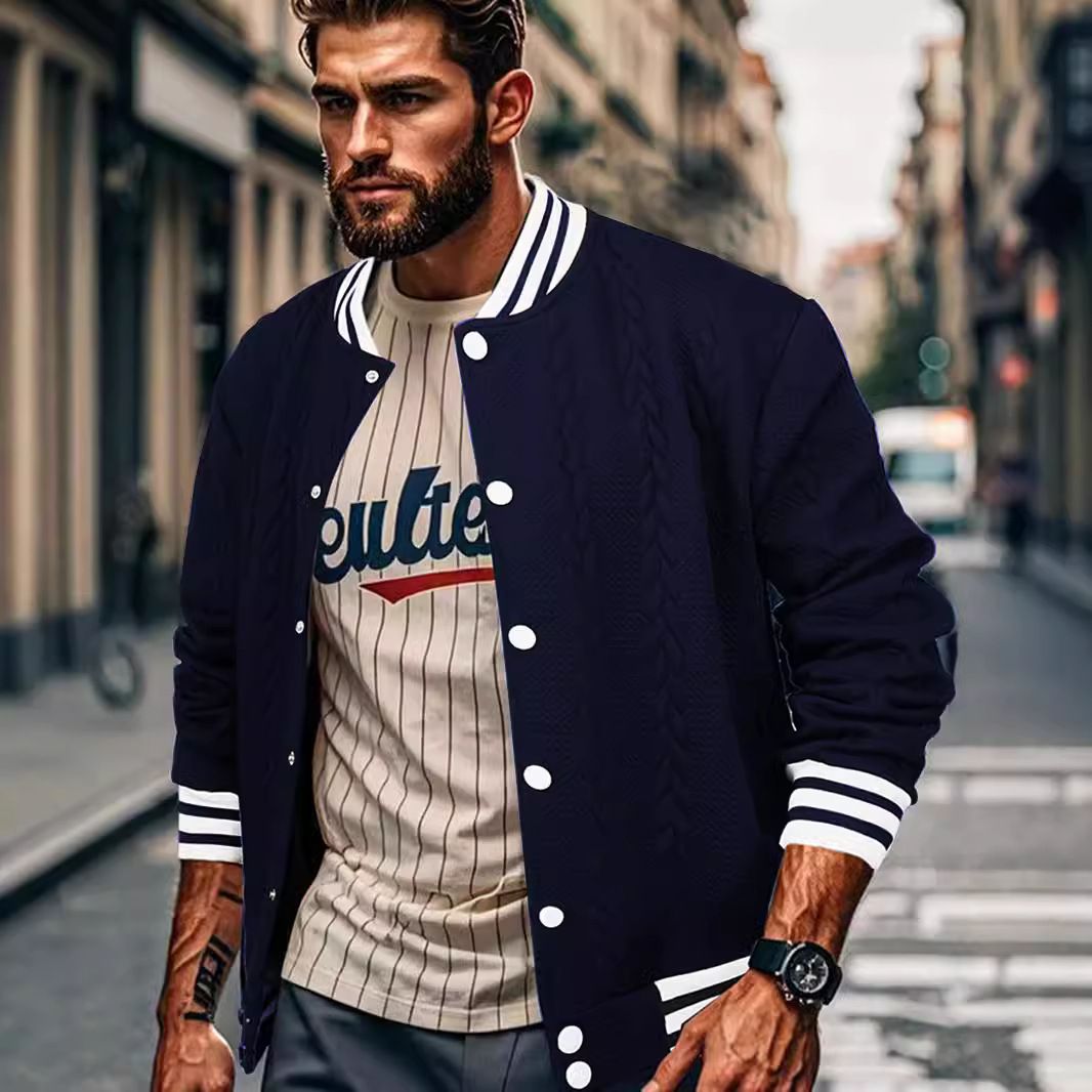 Men's Clothing Tops Jackets Spring Autumn New Jacquard European American Buckle Design Trendy Fashion Solid Color Men's Cardigan Baseball Jacket