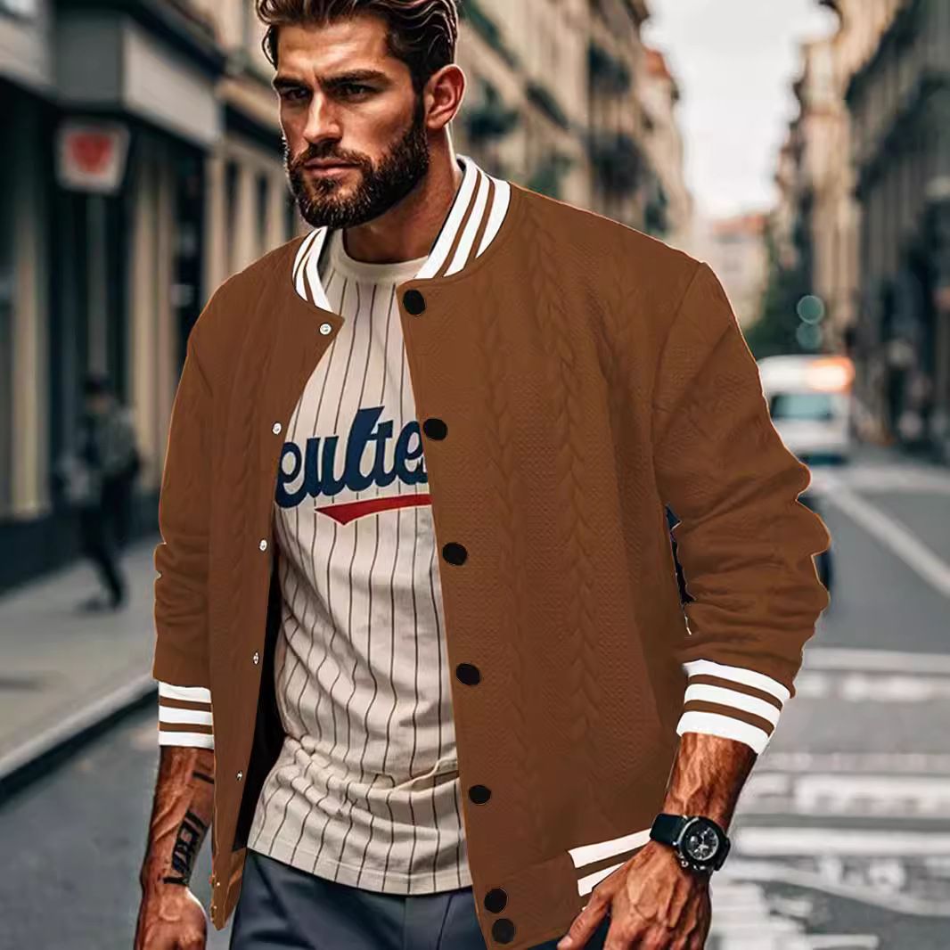 Men's Clothing Tops Jackets Spring Autumn New Jacquard European American Buckle Design Trendy Fashion Solid Color Men's Cardigan Baseball Jacket