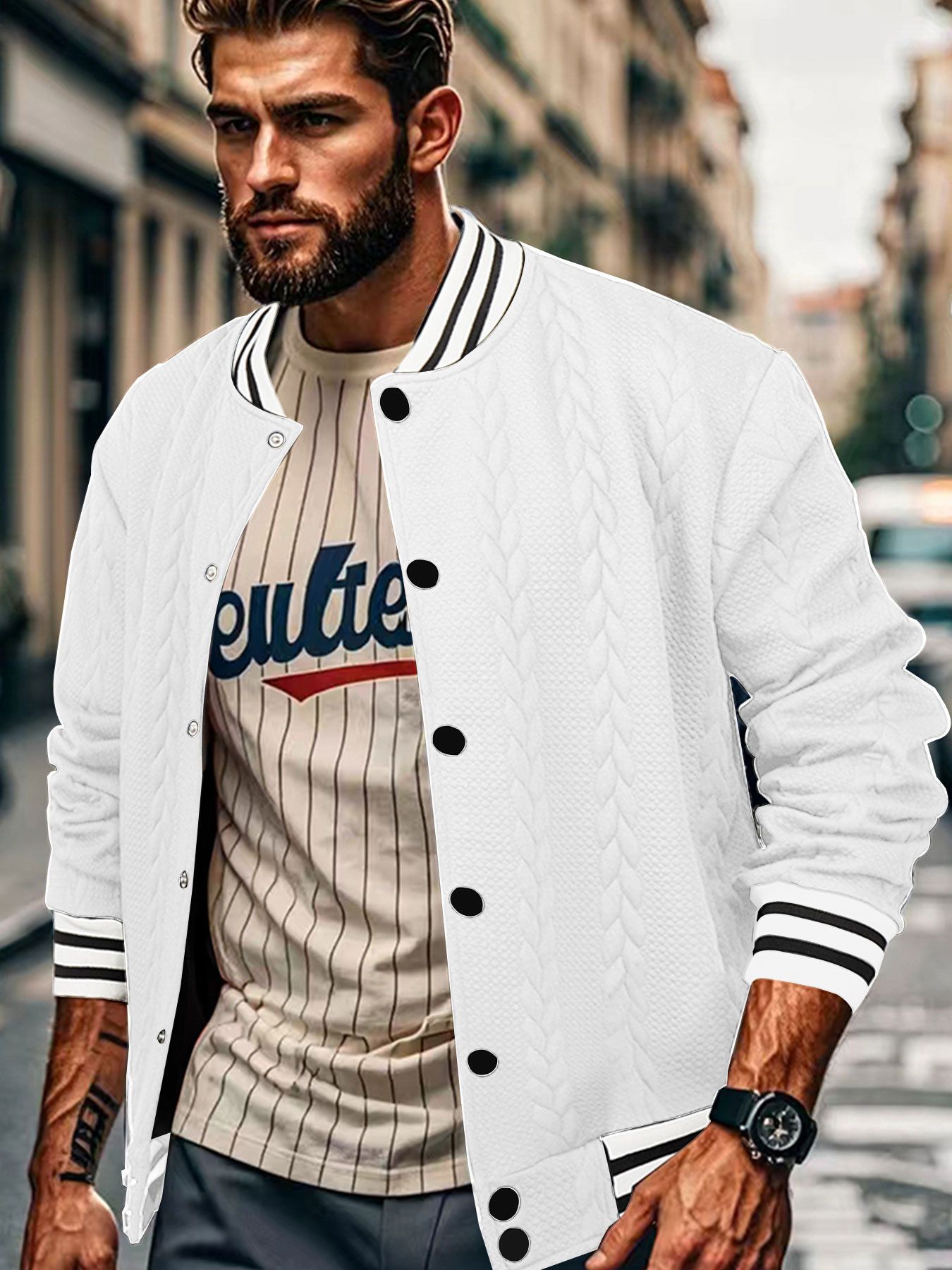 Men's Clothing Tops Jackets Spring Autumn New Jacquard European American Buckle Design Trendy Fashion Solid Color Men's Cardigan Baseball Jacket