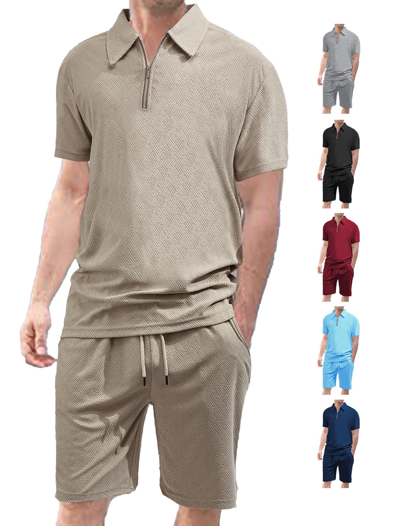 Men's Summer Collar Short Sleeved Shorts Two-Piece Set Jacquard Fabric Men's Casual Sports Suit Men's Clothing Sets Two-Piece Outfits