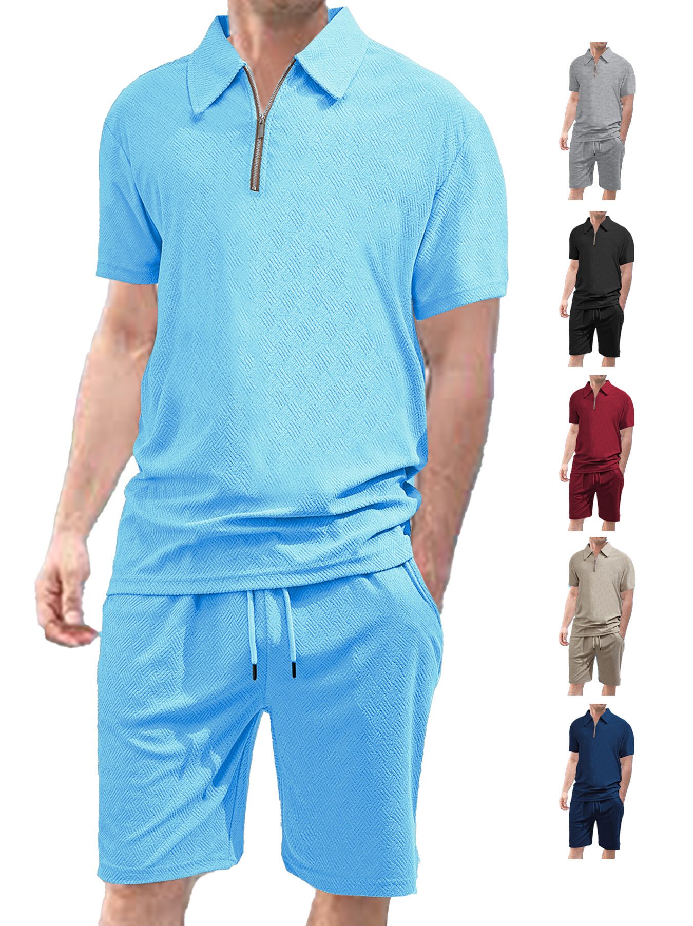 Men's Summer Collar Short Sleeved Shorts Two-Piece Set Jacquard Fabric Men's Casual Sports Suit Men's Clothing Sets Two-Piece Outfits