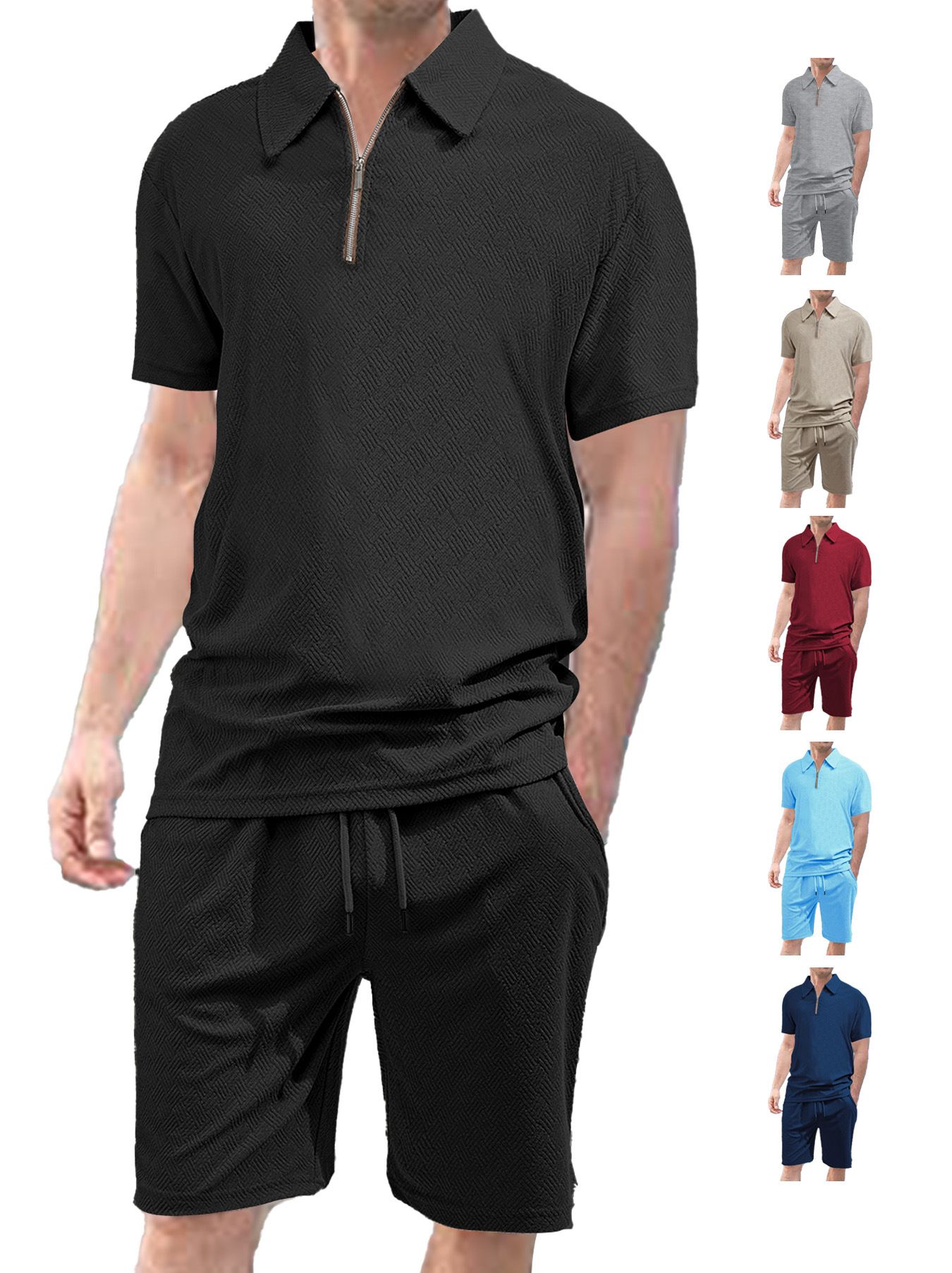 Men's Summer Collar Short Sleeved Shorts Two-Piece Set Jacquard Fabric Men's Casual Sports Suit Men's Clothing Sets Two-Piece Outfits