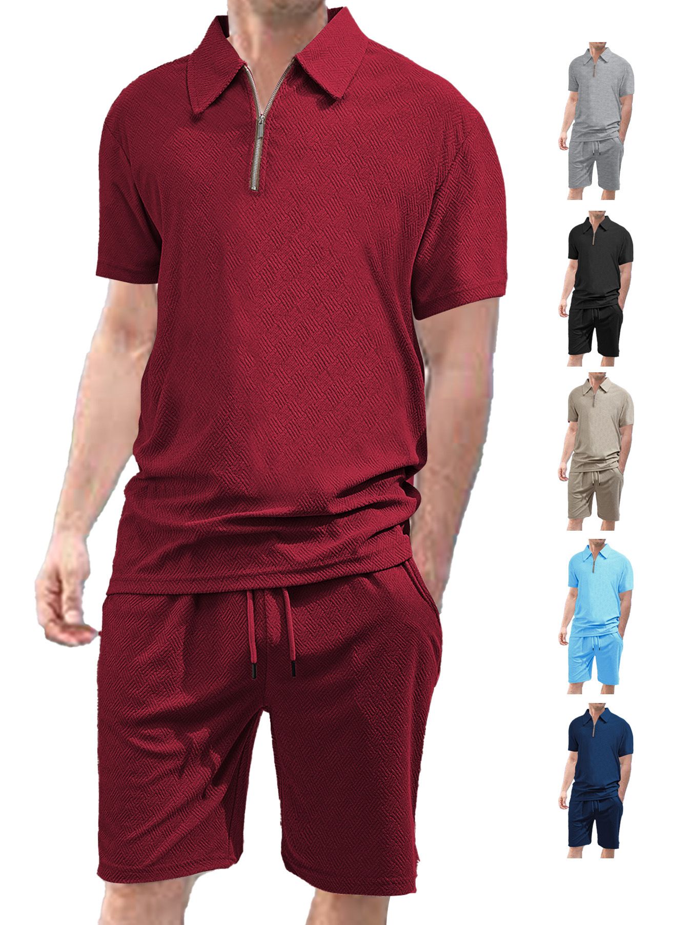 Men's Summer Collar Short Sleeved Shorts Two-Piece Set Jacquard Fabric Men's Casual Sports Suit Men's Clothing Sets Two-Piece Outfits