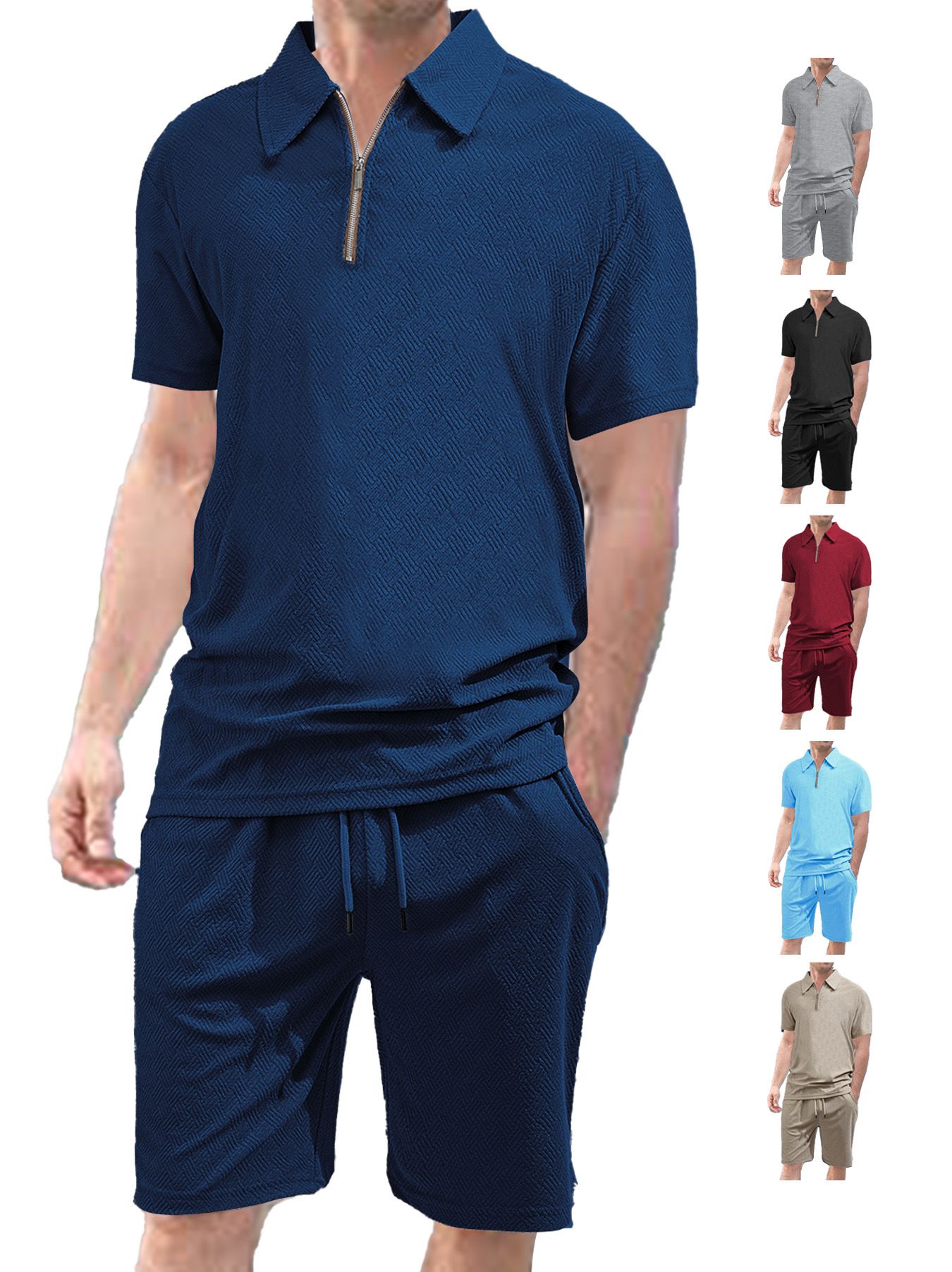 Men's Summer Collar Short Sleeved Shorts Two-Piece Set Jacquard Fabric Men's Casual Sports Suit Men's Clothing Sets Two-Piece Outfits