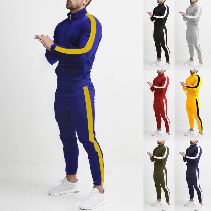 Men's Clothing Sets Two-Piece Outfits Men's Spring Autumn Long Sleeve Pants Casual Sportswear Set European American Patchwork Stand Collar Slim Fit Trendy Style