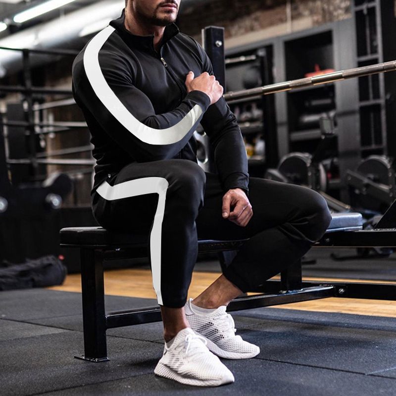 Men's Clothing Sets Two-Piece Outfits Men's Spring Autumn Long Sleeve Pants Casual Sportswear Set European American Patchwork Stand Collar Slim Fit Trendy Style