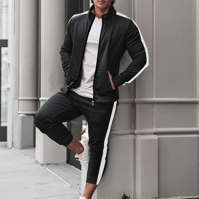 Men's Clothing Sets Two-Piece Outfits Men's Spring Autumn Long Sleeve Pants Casual Sportswear Set European American Patchwork Stand Collar Slim Fit Trendy Style