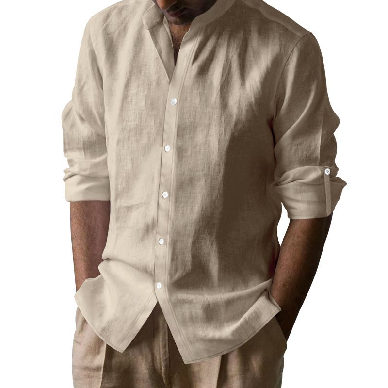 Men's Clothing Tops Shirts American-Style Men's Hawaiian-Style Cotton-Linen Stand-Up Collar Breathable Henley Casual Long-Sleeved Shirt