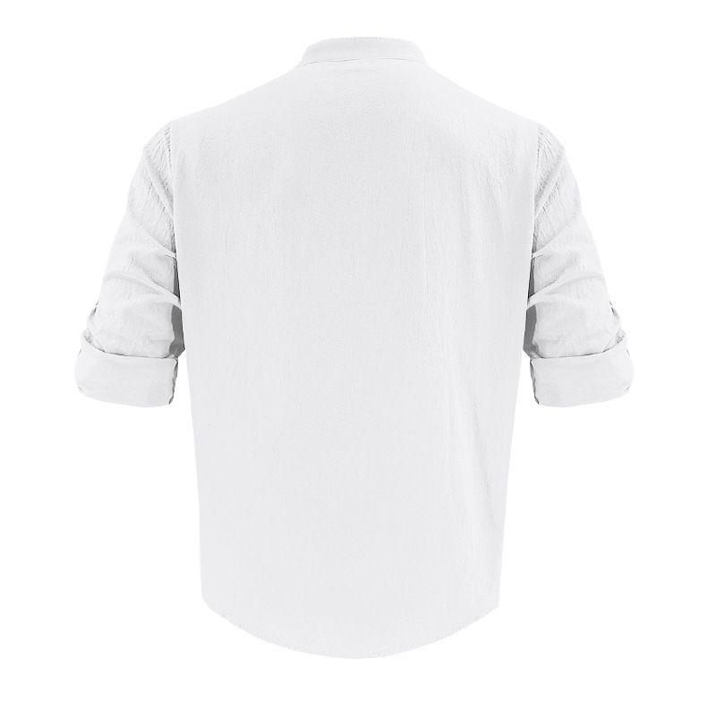 Men's Clothing Tops Shirts American-Style Men's Hawaiian-Style Cotton-Linen Stand-Up Collar Breathable Henley Casual Long-Sleeved Shirt